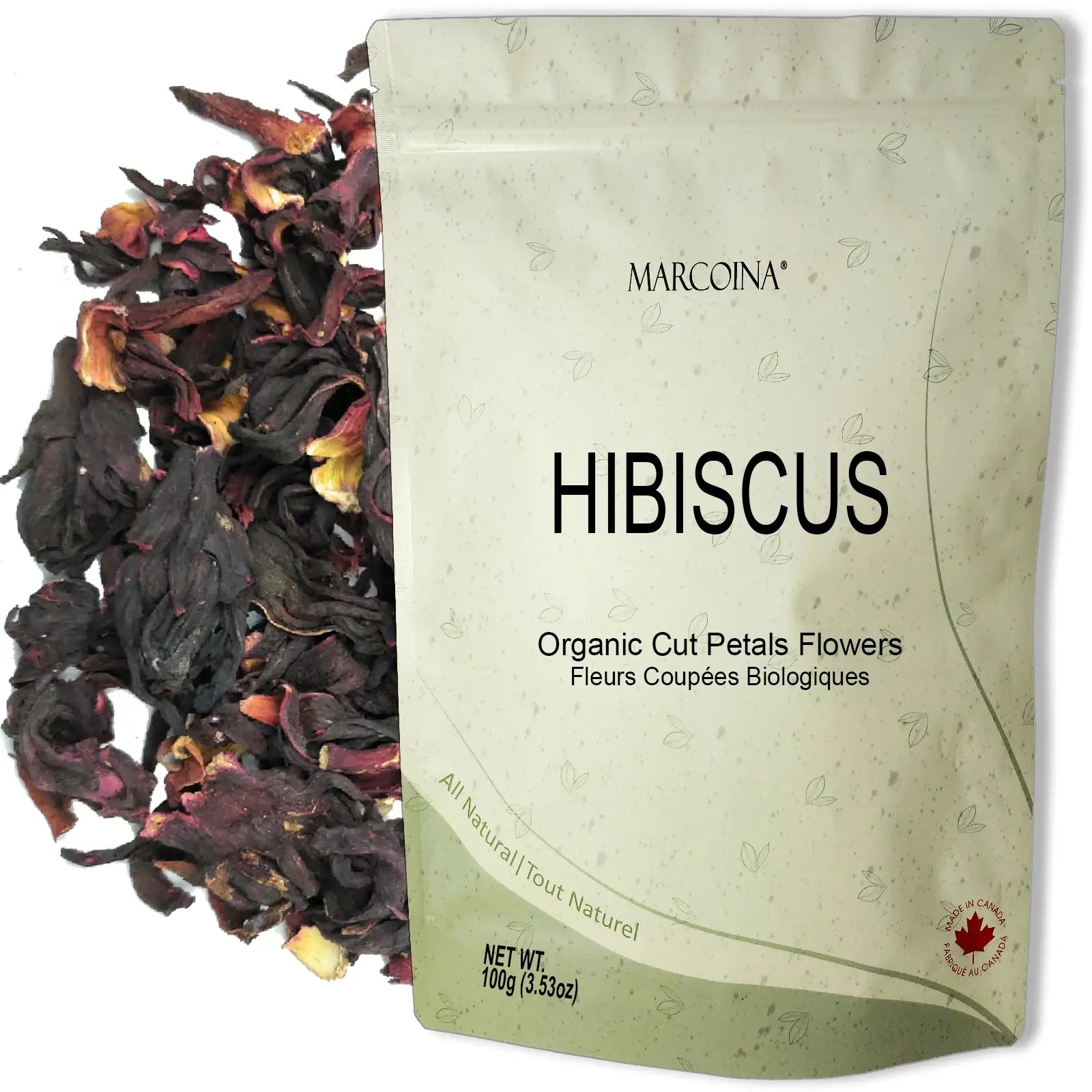 Hibiscus tea package with dried hibiscus flowers on a white background