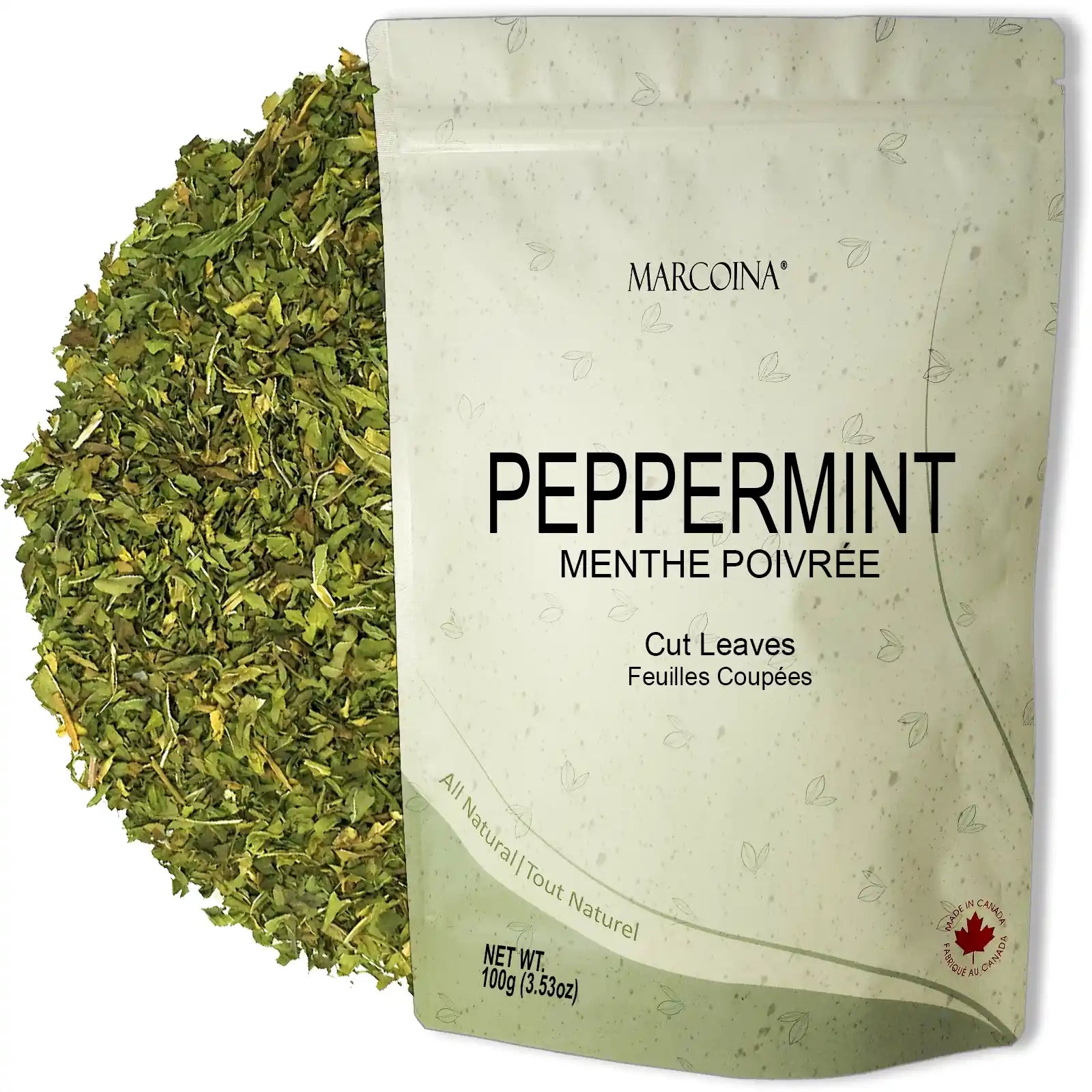 Marcoina peppermint cut leaves packaging with green peppermint leaves on a white background