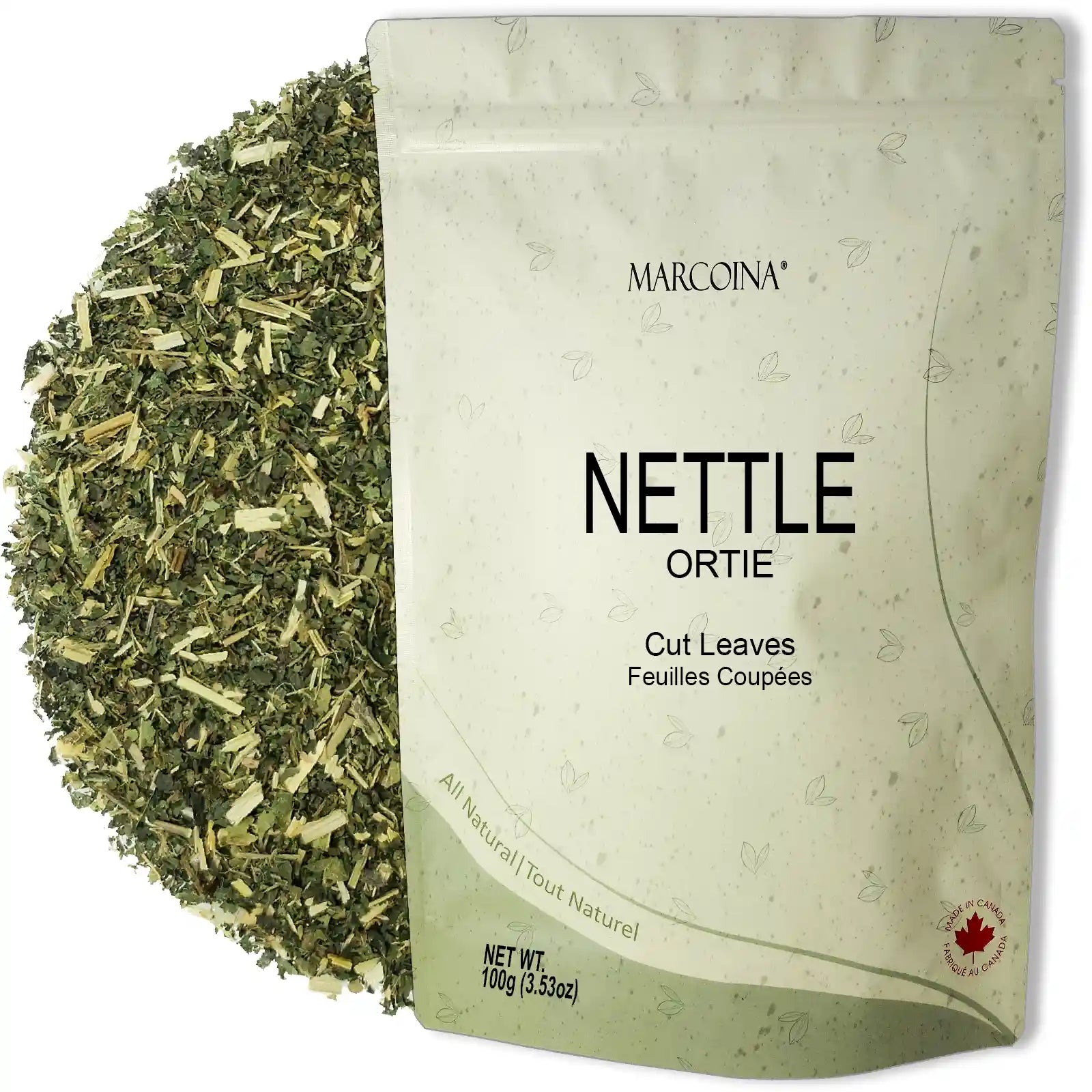 Nettle leaves with a package labeled 'Marcoina Nettle' on a white background