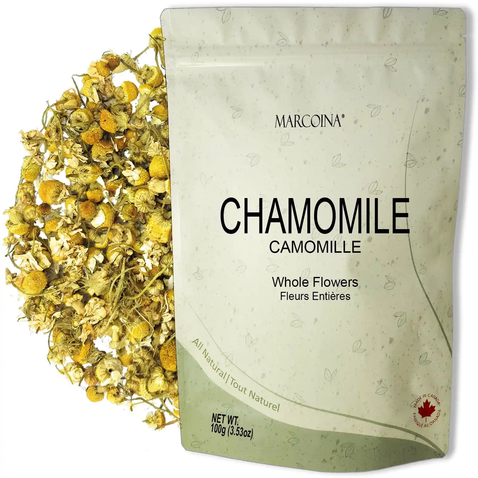 Marcoina chamomile flowers with packaging on a white background