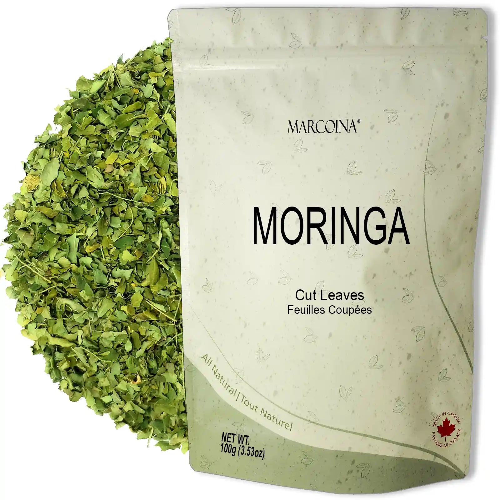 Moringa cut leaves package with visible brand name on a white background