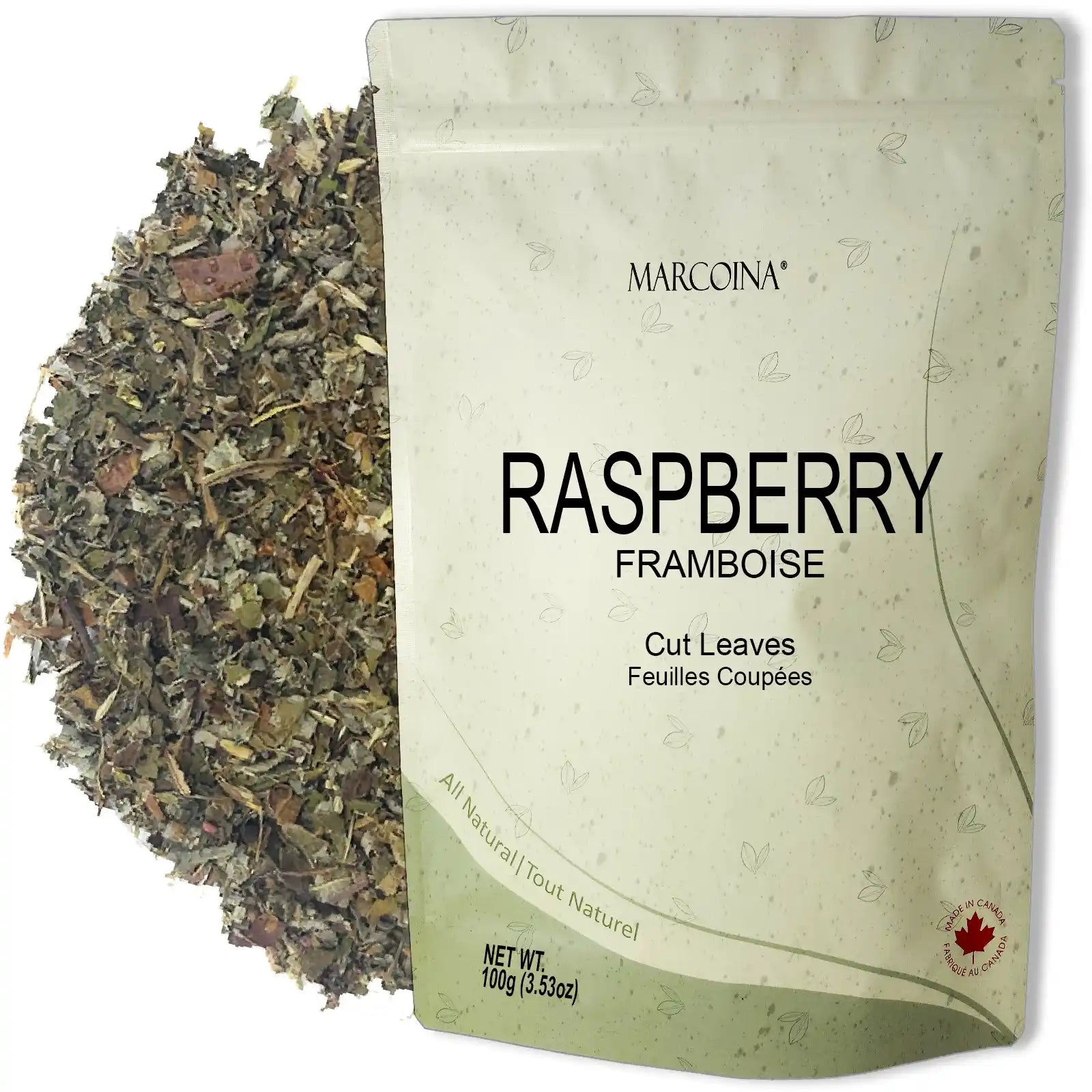 Marcoina Raspberry cut leaves packaging with dried leaves on a white background