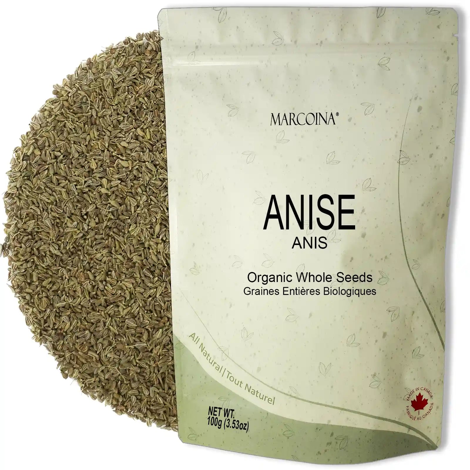 Package of Marcoina Anise seeds with visible anise seeds on a white background