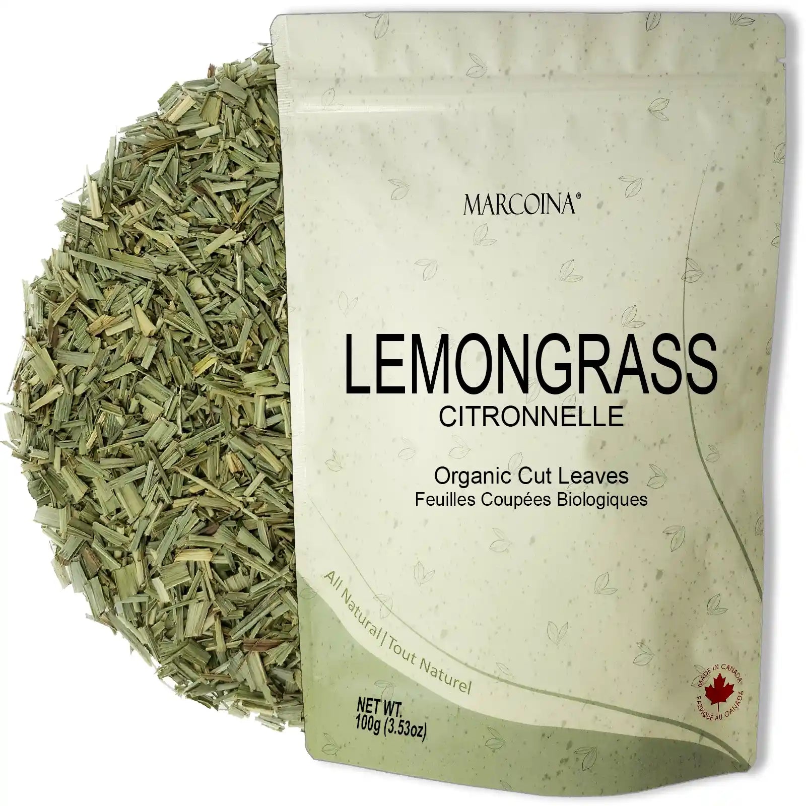Packaged lemongrass leaves with a Marccina brand label on a white background