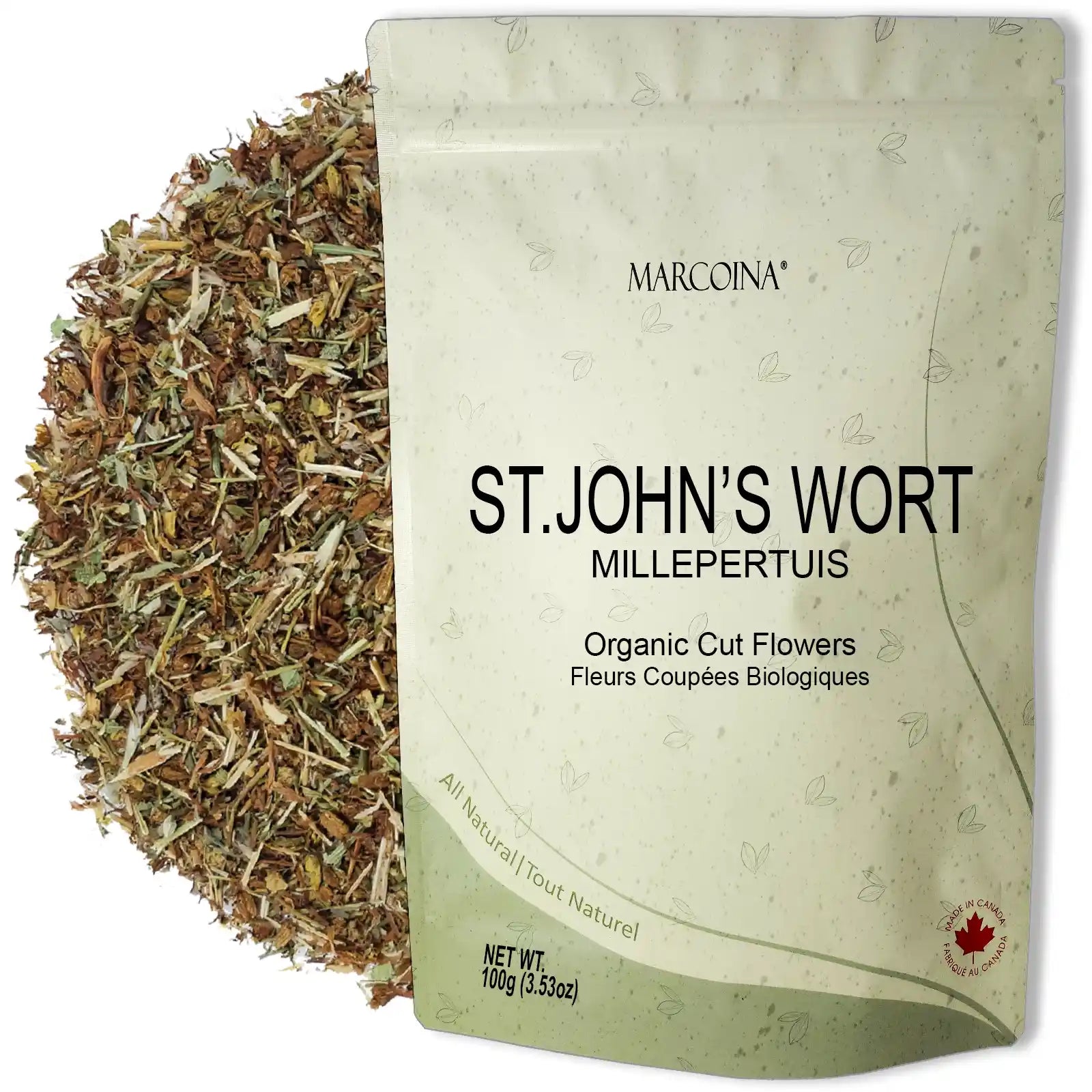Bag of organic St. John's Wort flowers with MARCOINA branding on a white background