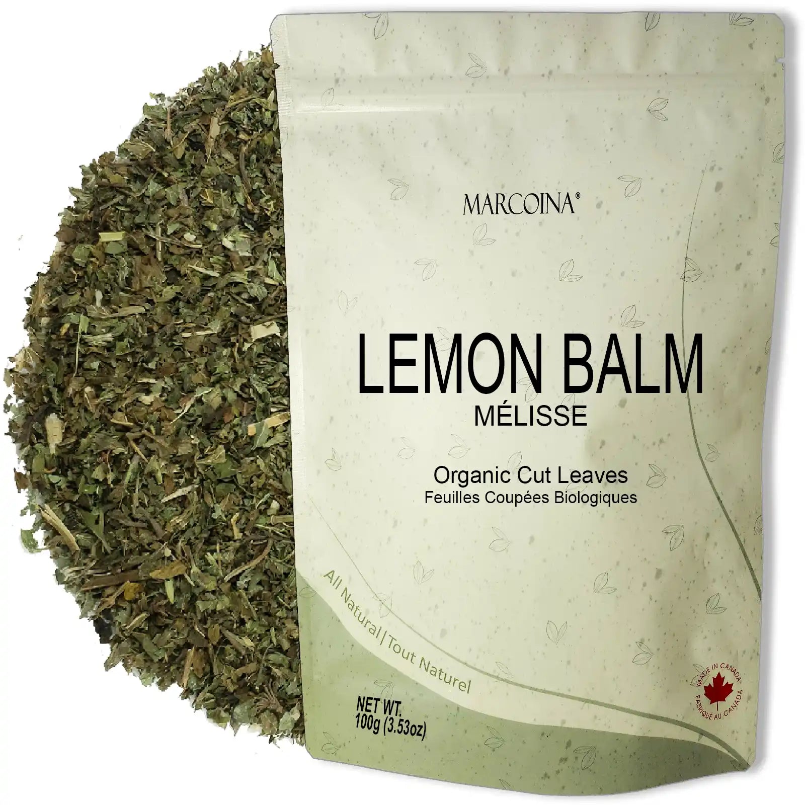 Packaged lemon balm leaves with a Mariconia brand label on a white background
