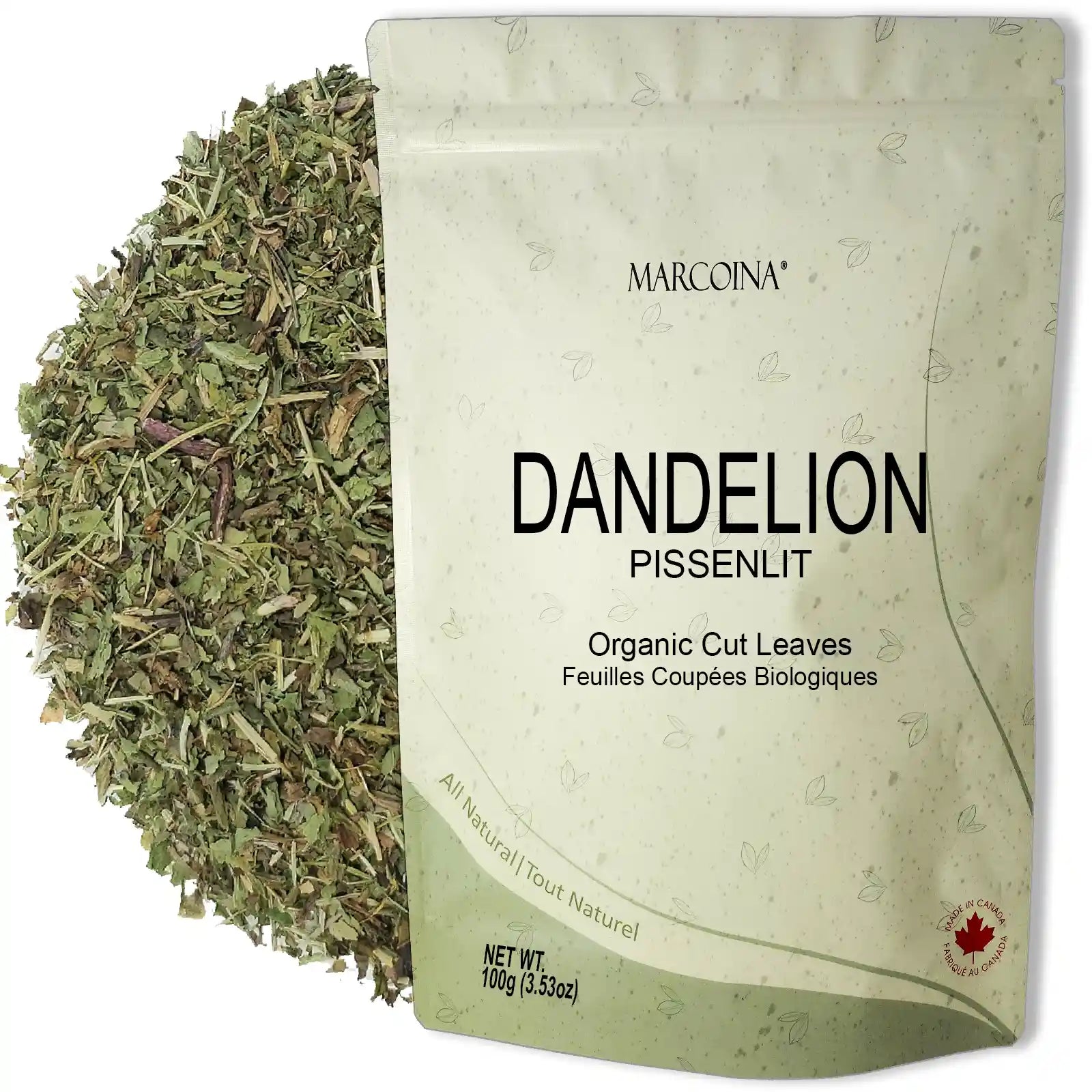 Bag of organic dandelion leaves with visible brand name on a white background