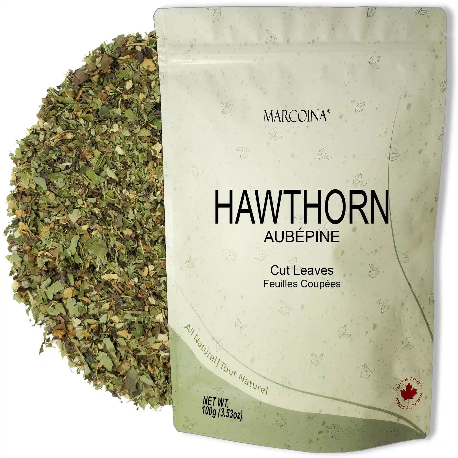 Packaged hawthorn leaves with Marcoina branding on a white background