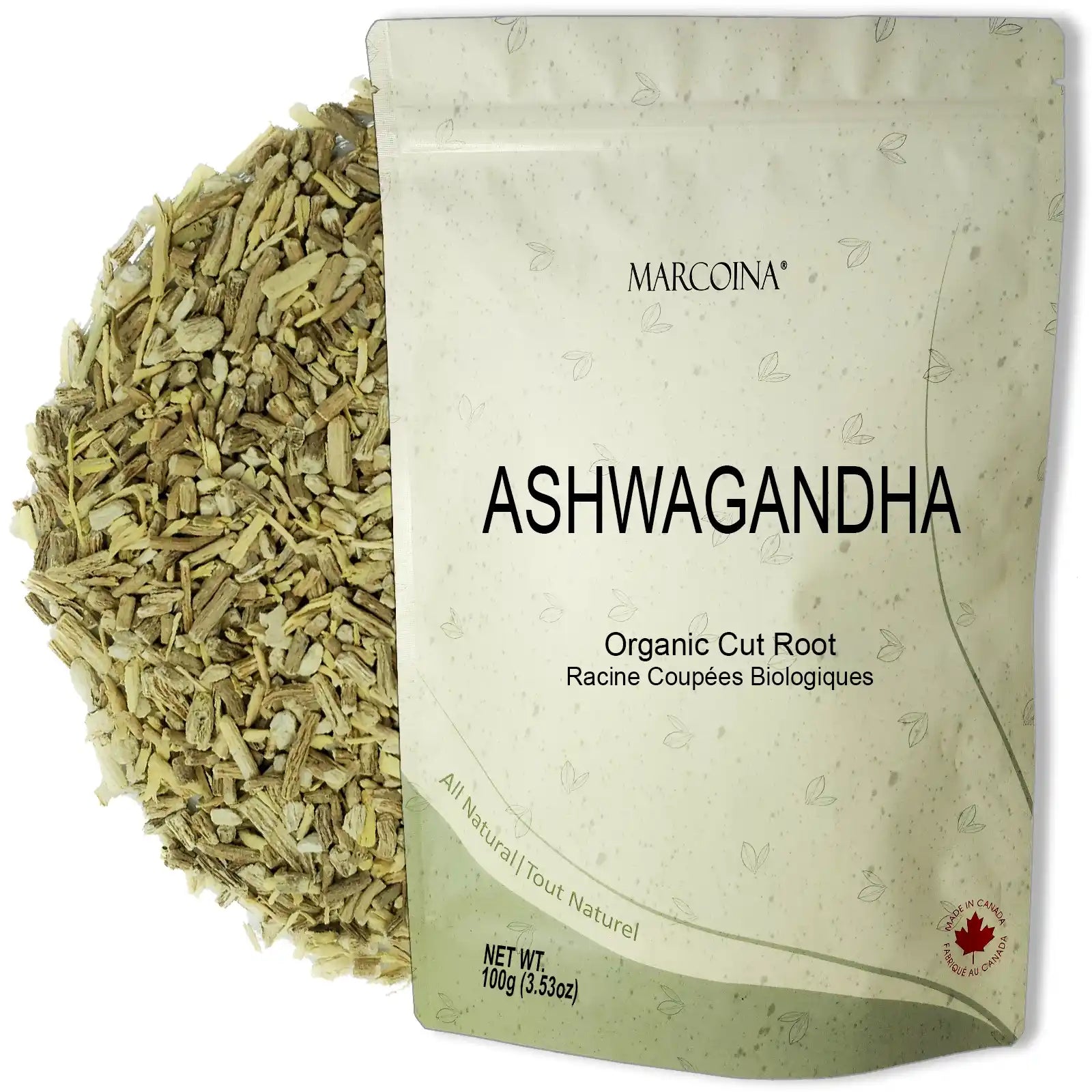 Marcoina Ashwagandha organic cut root packaging with visible roots on a white background