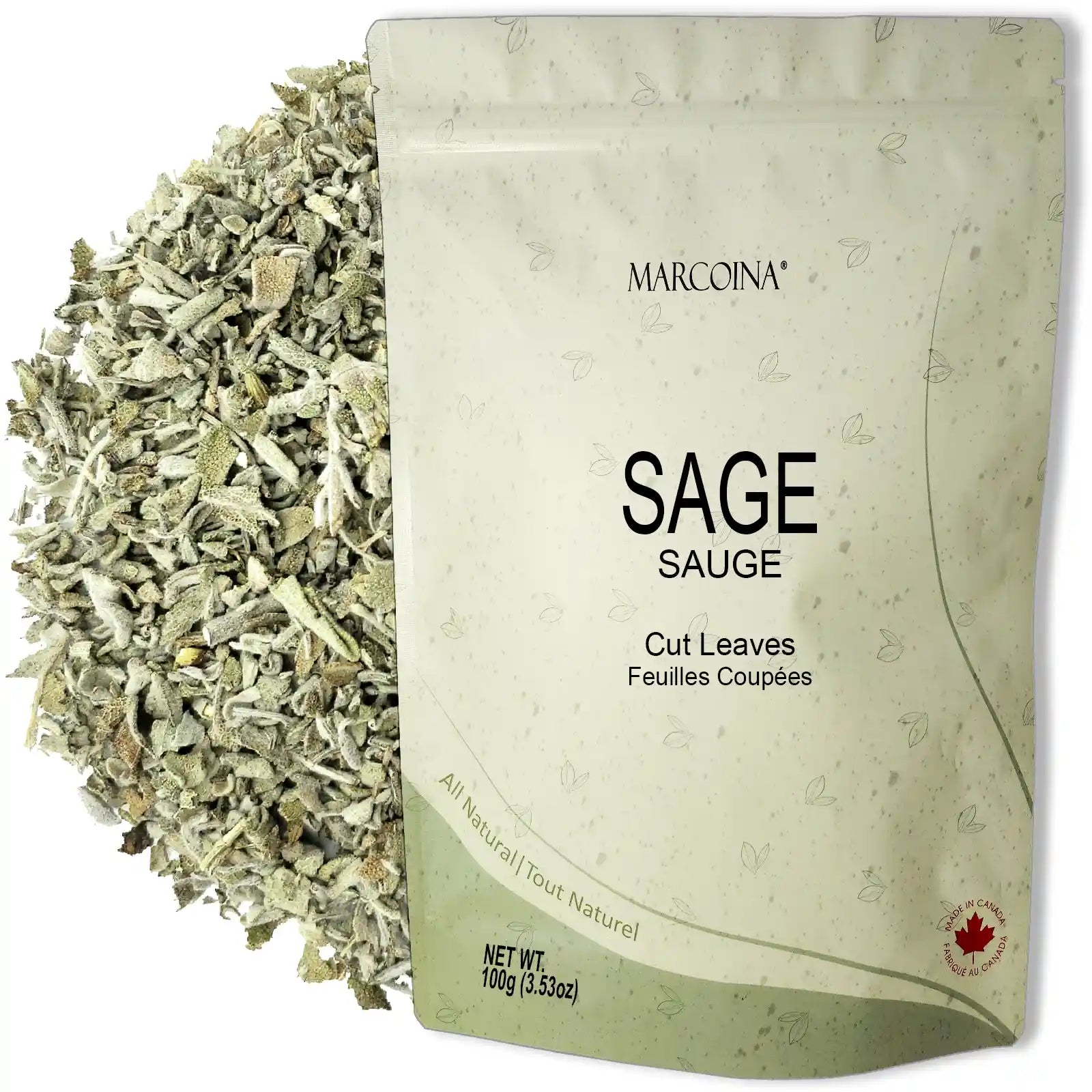 Bag of Marcoina Sage with dried sage leaves on a white background
