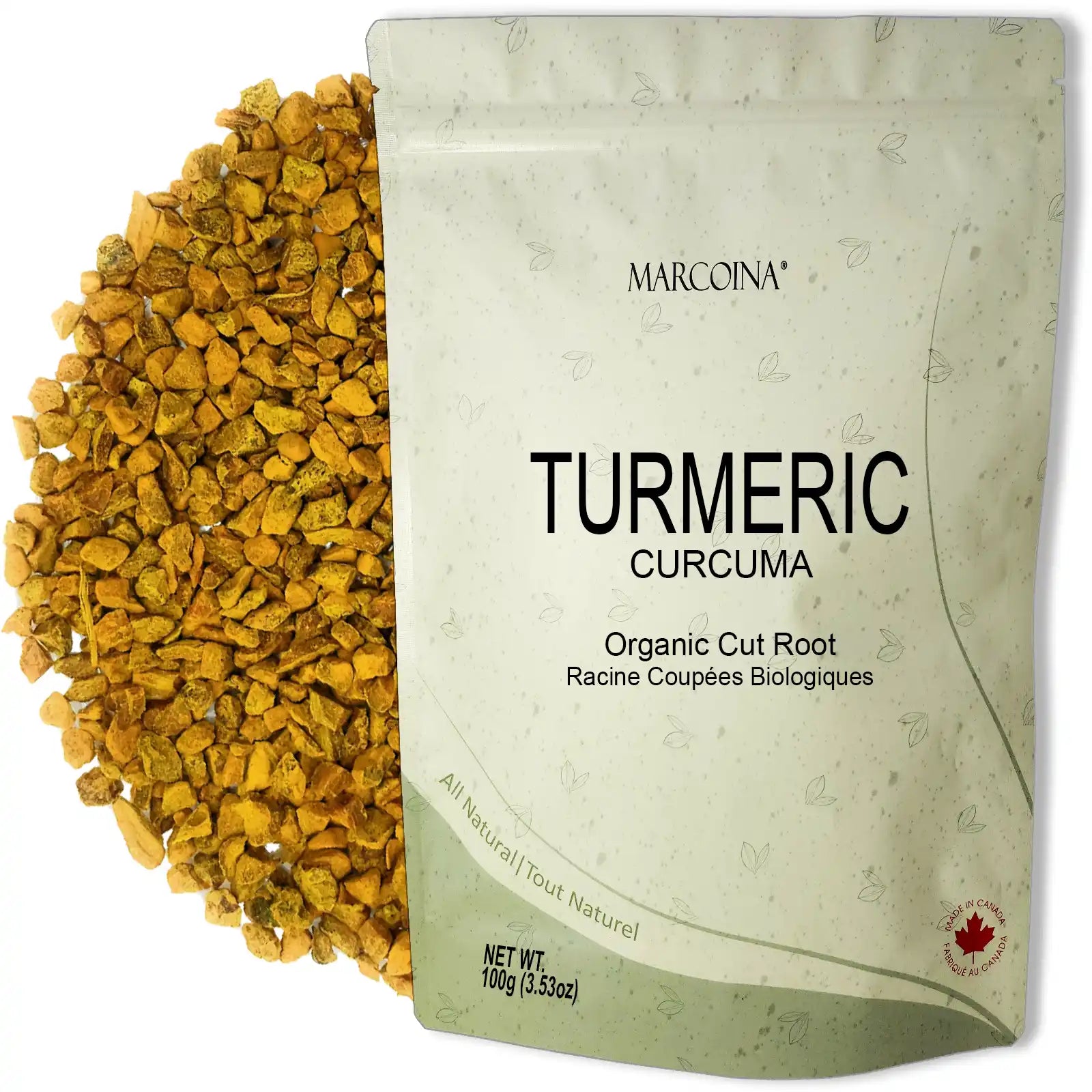 Turmeric root next to a Mariconia turmeric packaging on a white background