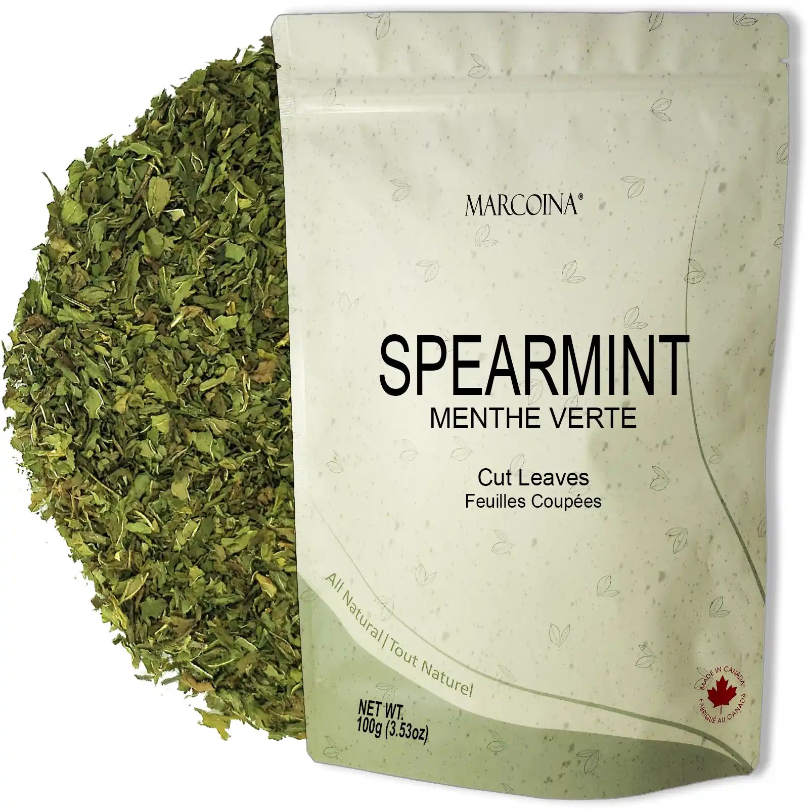 Spearmint leaves and packaging with 'Marcoina' branding on a white background