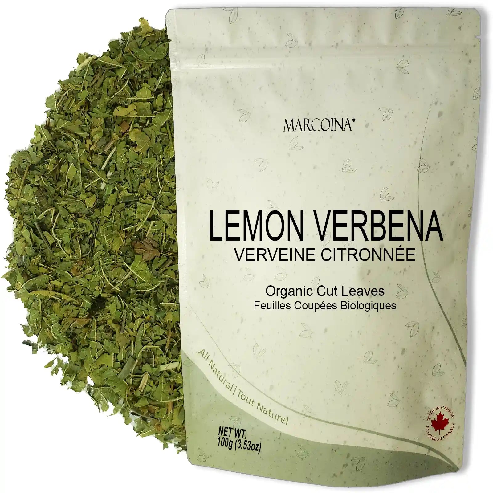 Packaged lemon verbena leaves with a white background
