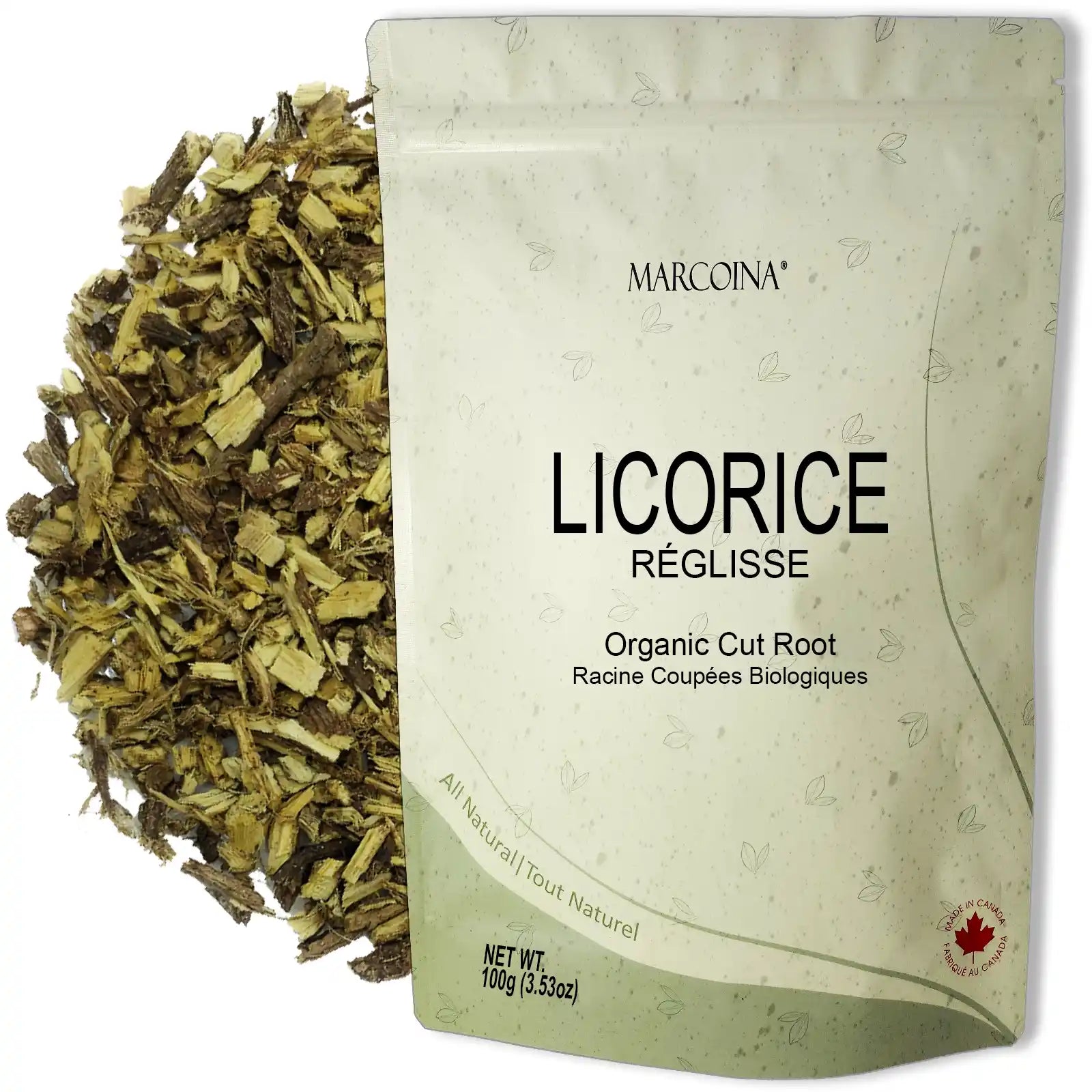 Marcoina licorice root packaging with dried licorice roots on a white background