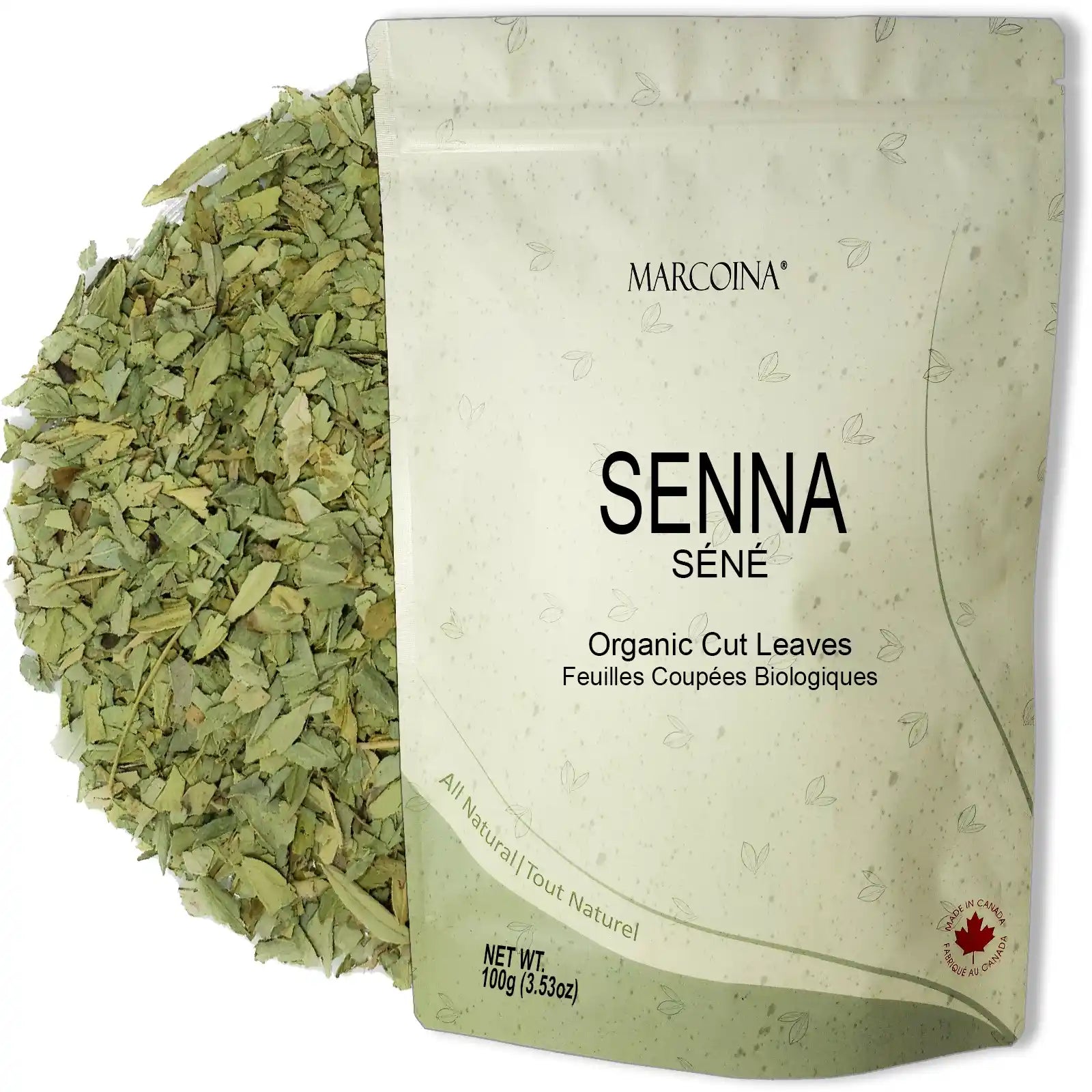 Bag of Marccina Senna organic cut leaves with green herbs on a white background
