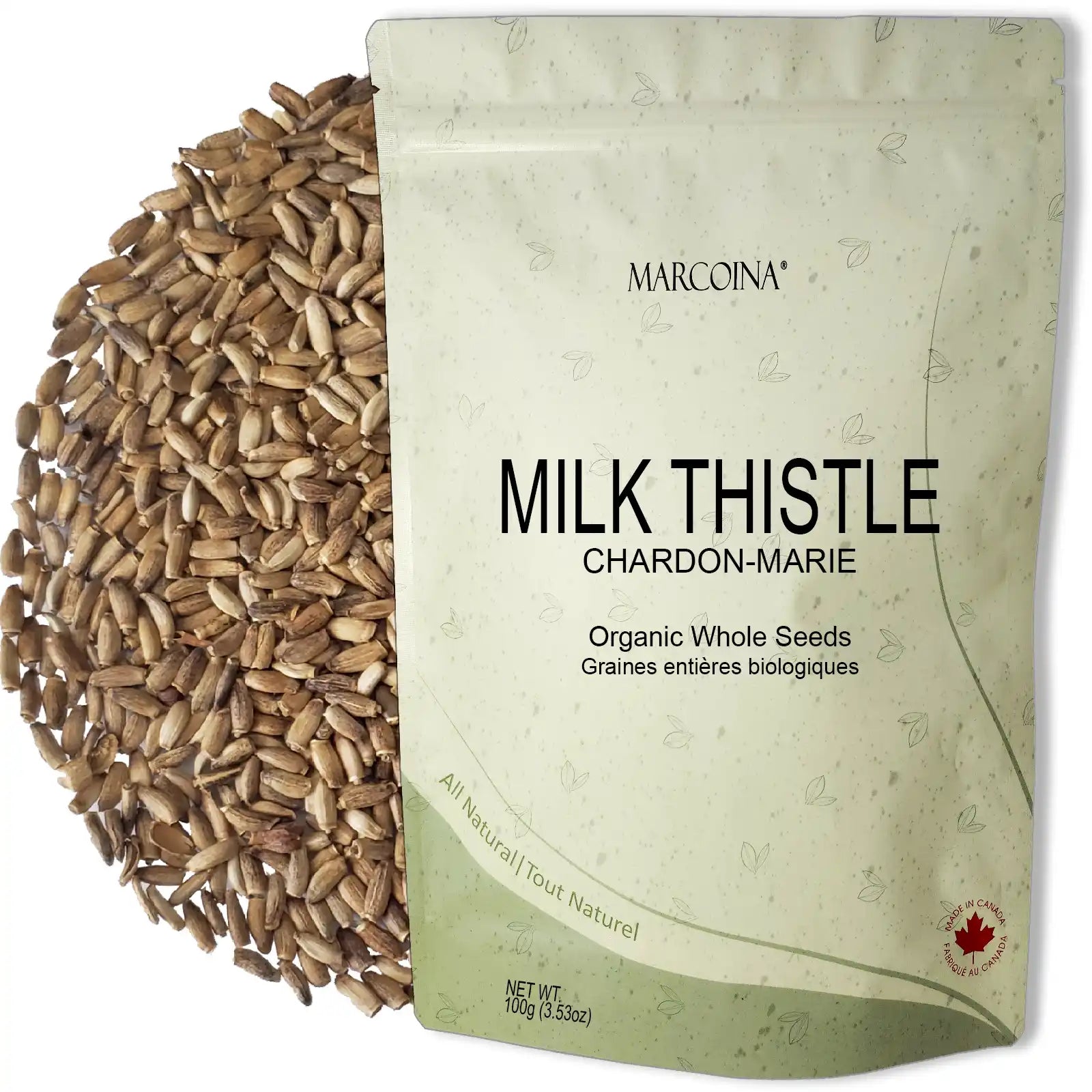 Bag of Marcoina Milk Thistle seeds with visible seeds on a white background
