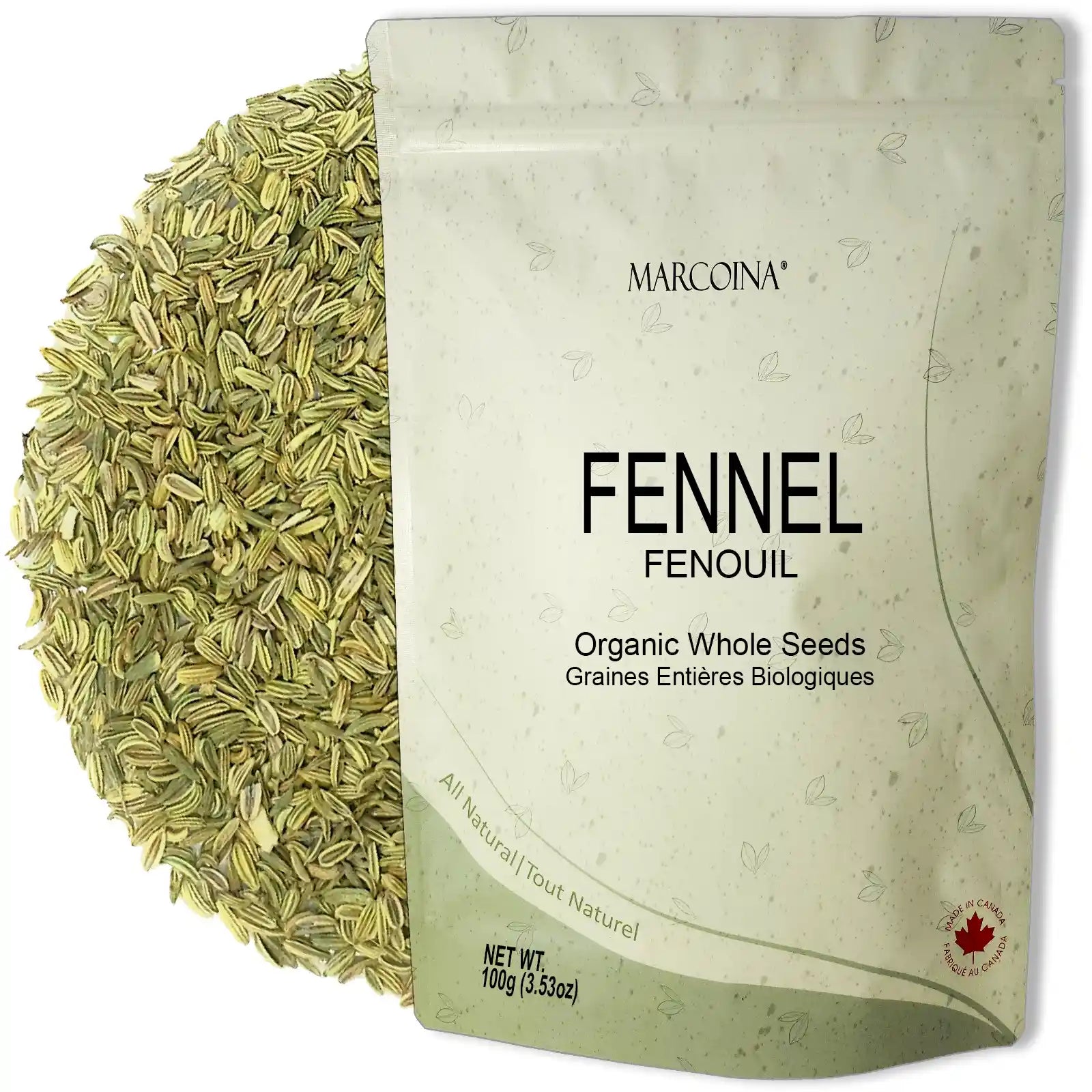 Bag of Marcoina Organic Whole Fennel Seeds on a white background