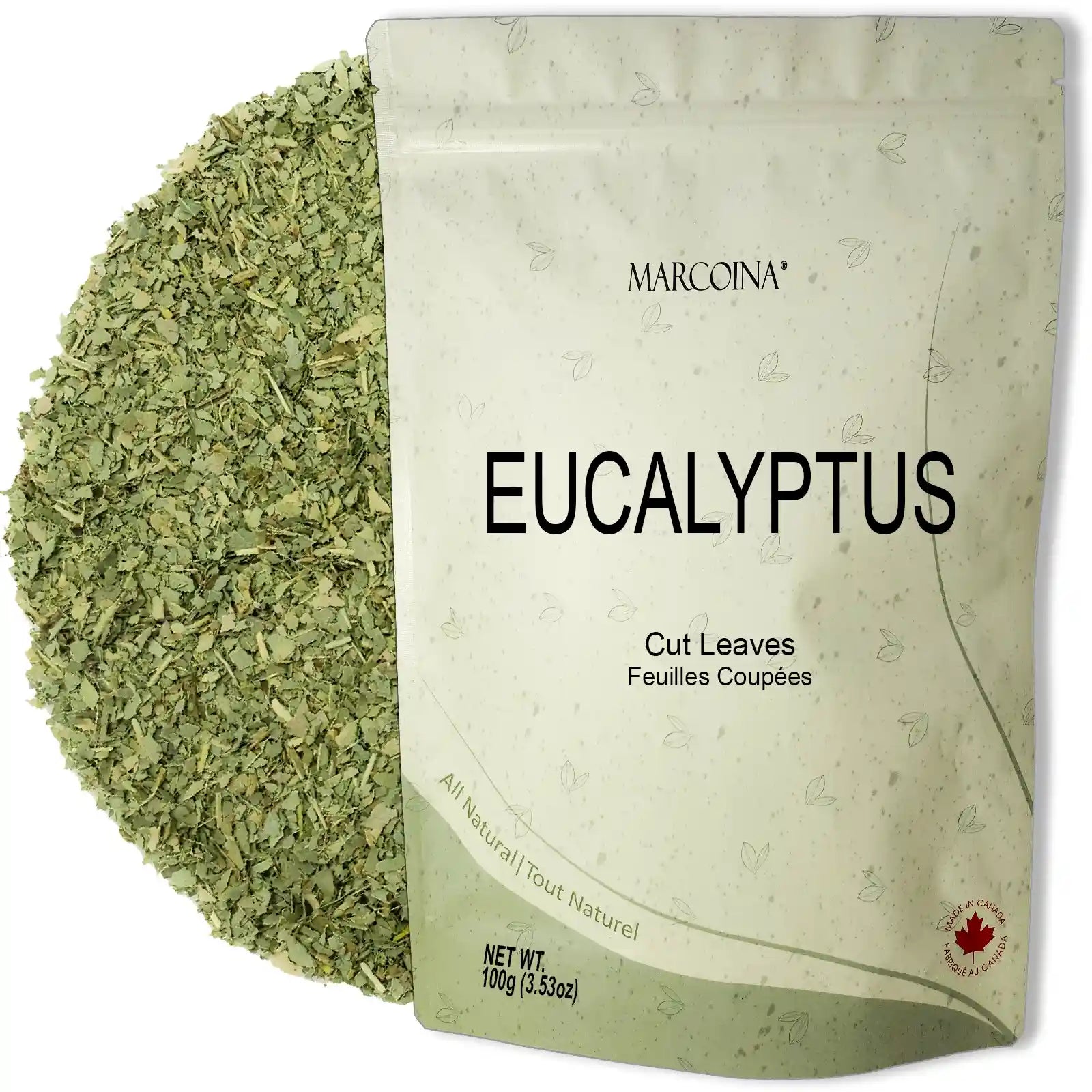 Packaged eucalyptus leaves with a visible brand label on a white background