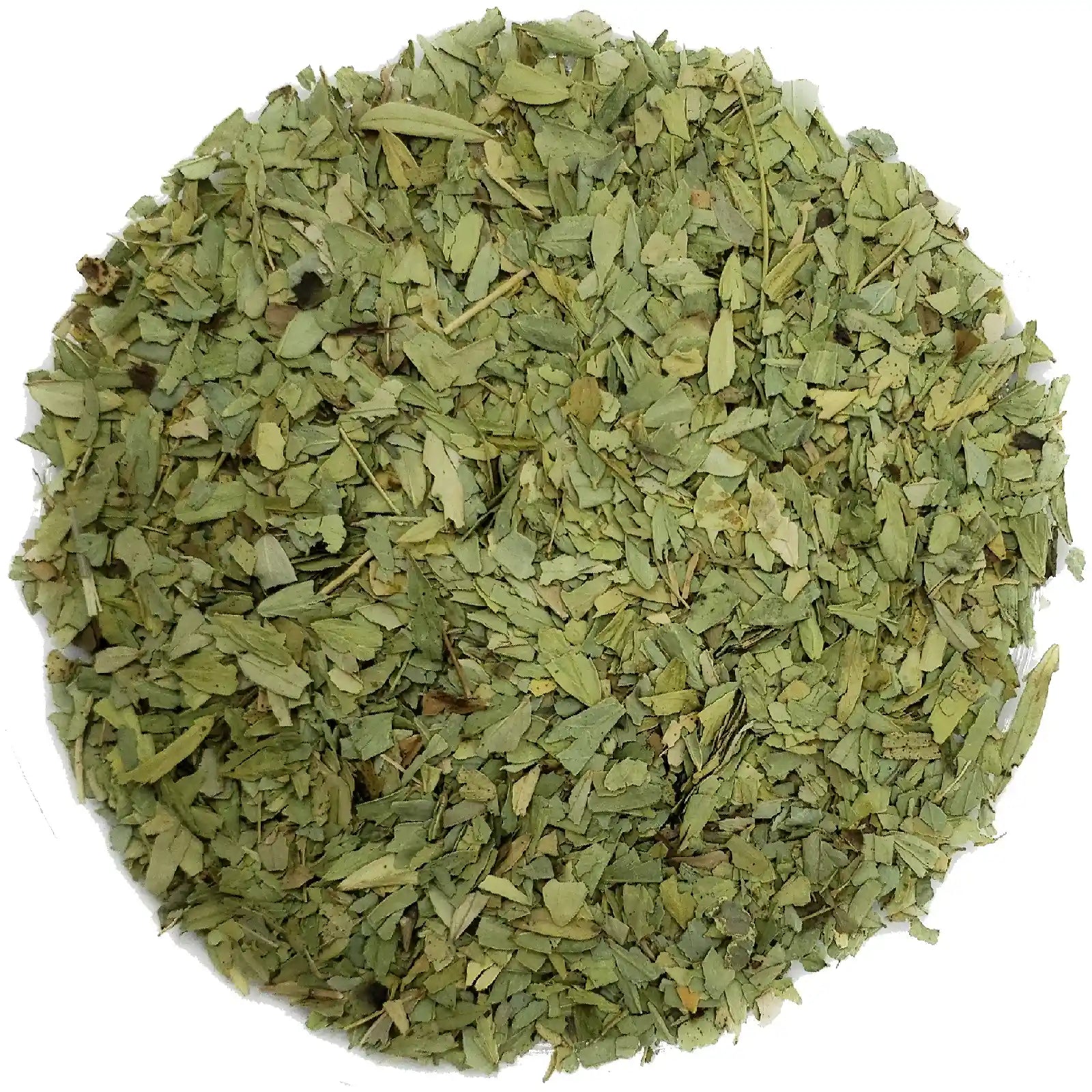 Bag of Marccina Senna organic cut leaves with green herbs on a white background