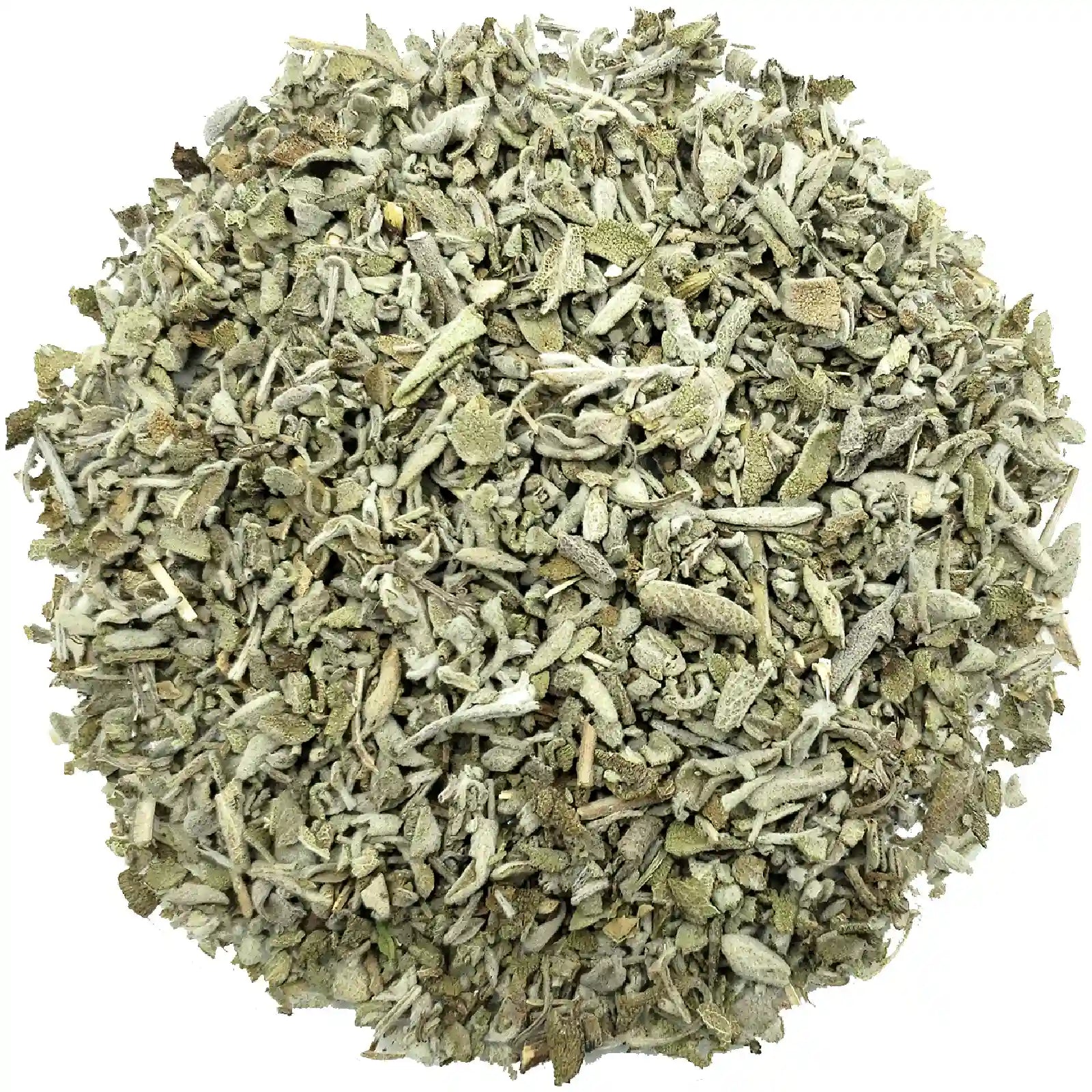 Bag of Marcoina Sage with dried sage leaves on a white background