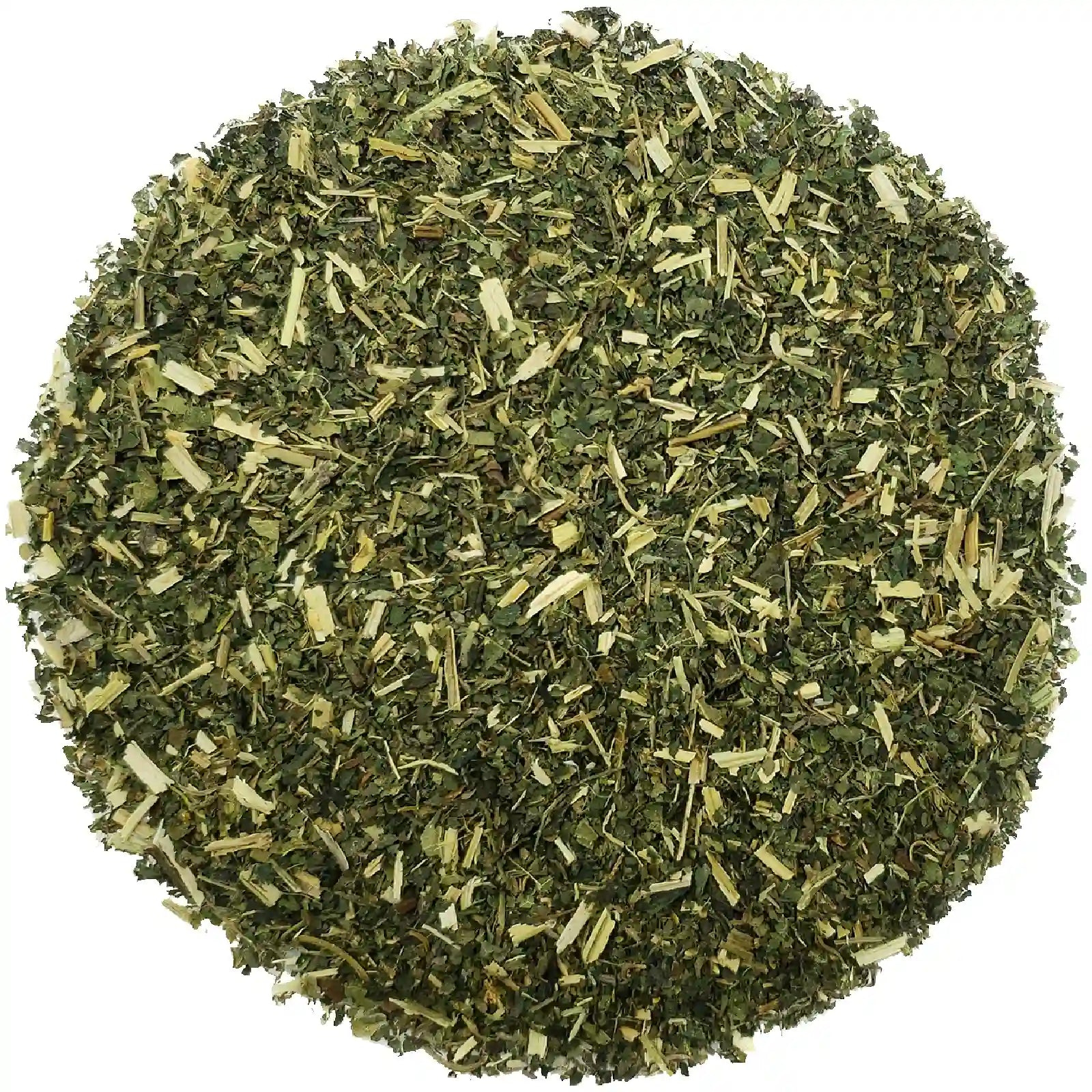 Nettle leaves with a package labeled 'Marcoina Nettle' on a white background